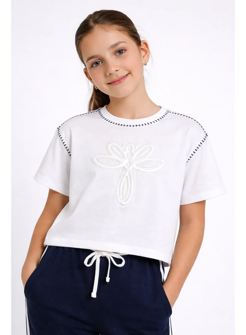 فكتور اند جين Girls 2 Pc Set Classy Embossed Top & Pants Set – White & Navy